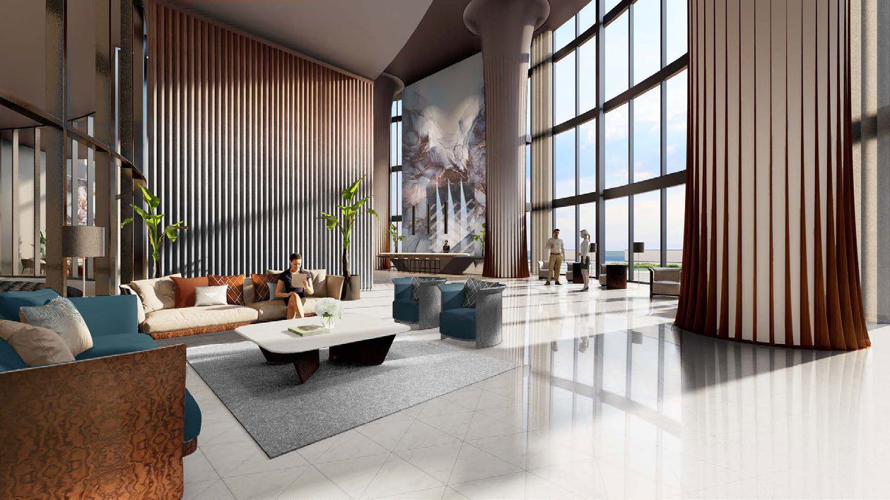 Lobby de triple altura con vistas al mar — Bentley Residences